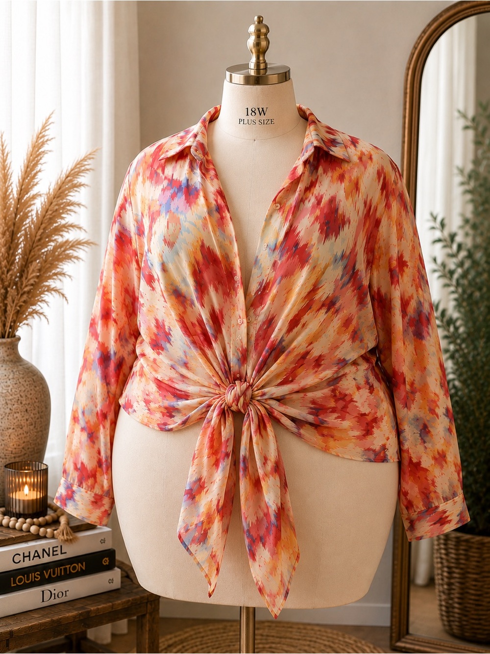 Colleen Lopez size XL free size Plus Size Tie-Front Blouse - Red Multi